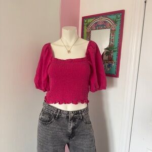 Universal Thread Fuchsia Pink Ruched Puff Sleeve Crop Top